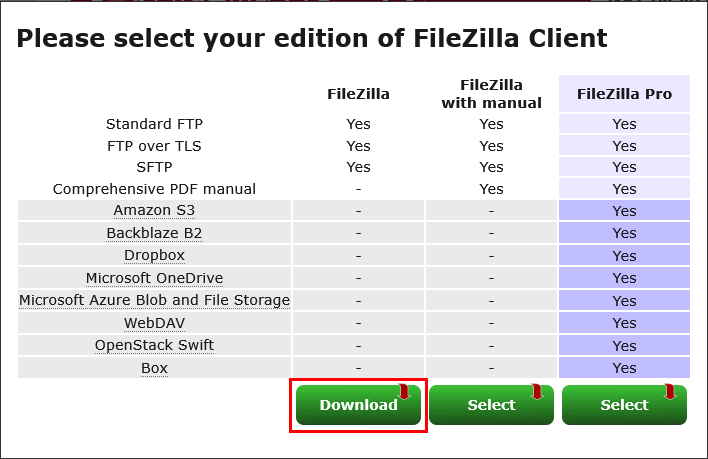 Download free version of FileZilla