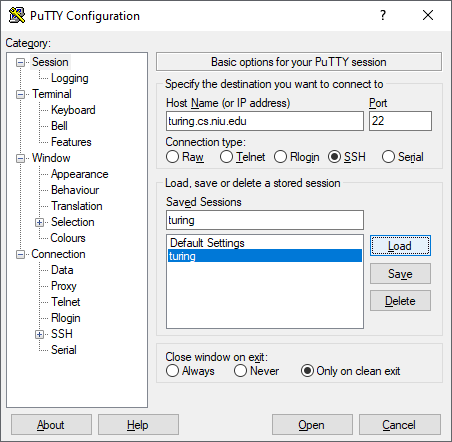 Load a saved PuTTY session
