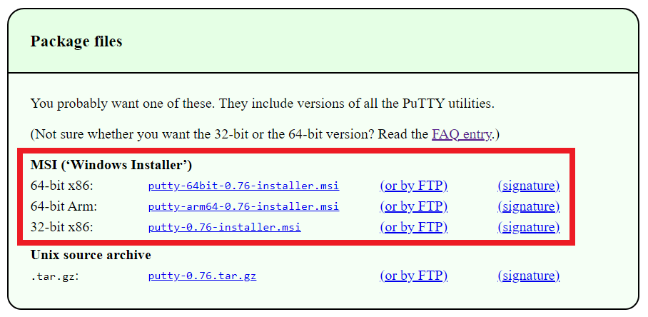PuTTY .msi installer download links
